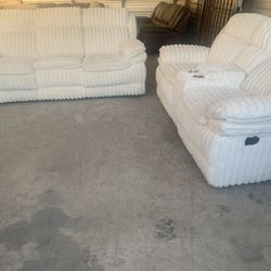 White Corduroy Soft Fluffy Recliner Sofa Set
