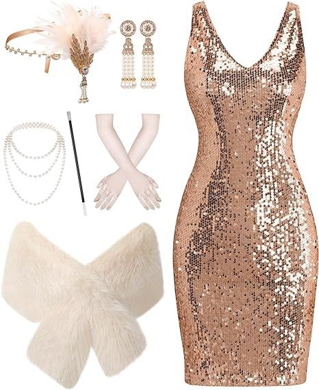 7 Pcs 1920s Women's Flapper Costumes Include V Neck Sequin Dress Shawl Wraps Headwear Earring Necklace Glove Stick small