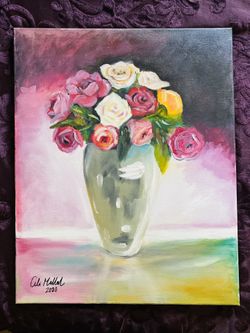 💥💥Oil Painting Flower Vase Bouquet Texture Roses Yellow Red white Handmade ART by Me MADE to ORDER 16"x 20" this wall art is custom hand made💥