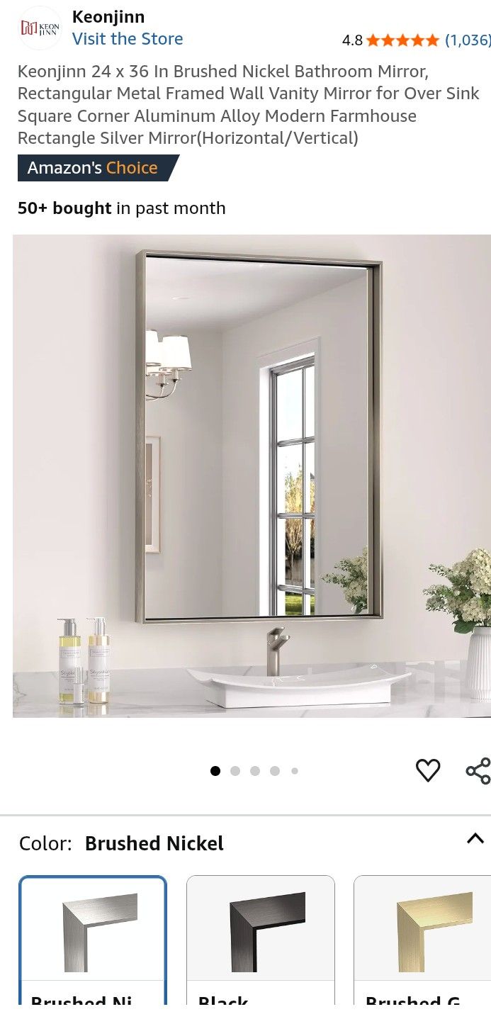 Keonjinn 24 x 36 In Brushed Nickel Bathroom Mirror, Rectangular Metal Framed Wall Vanity Mirror for Over Sink Square Corner Aluminum Alloy Modern Farm