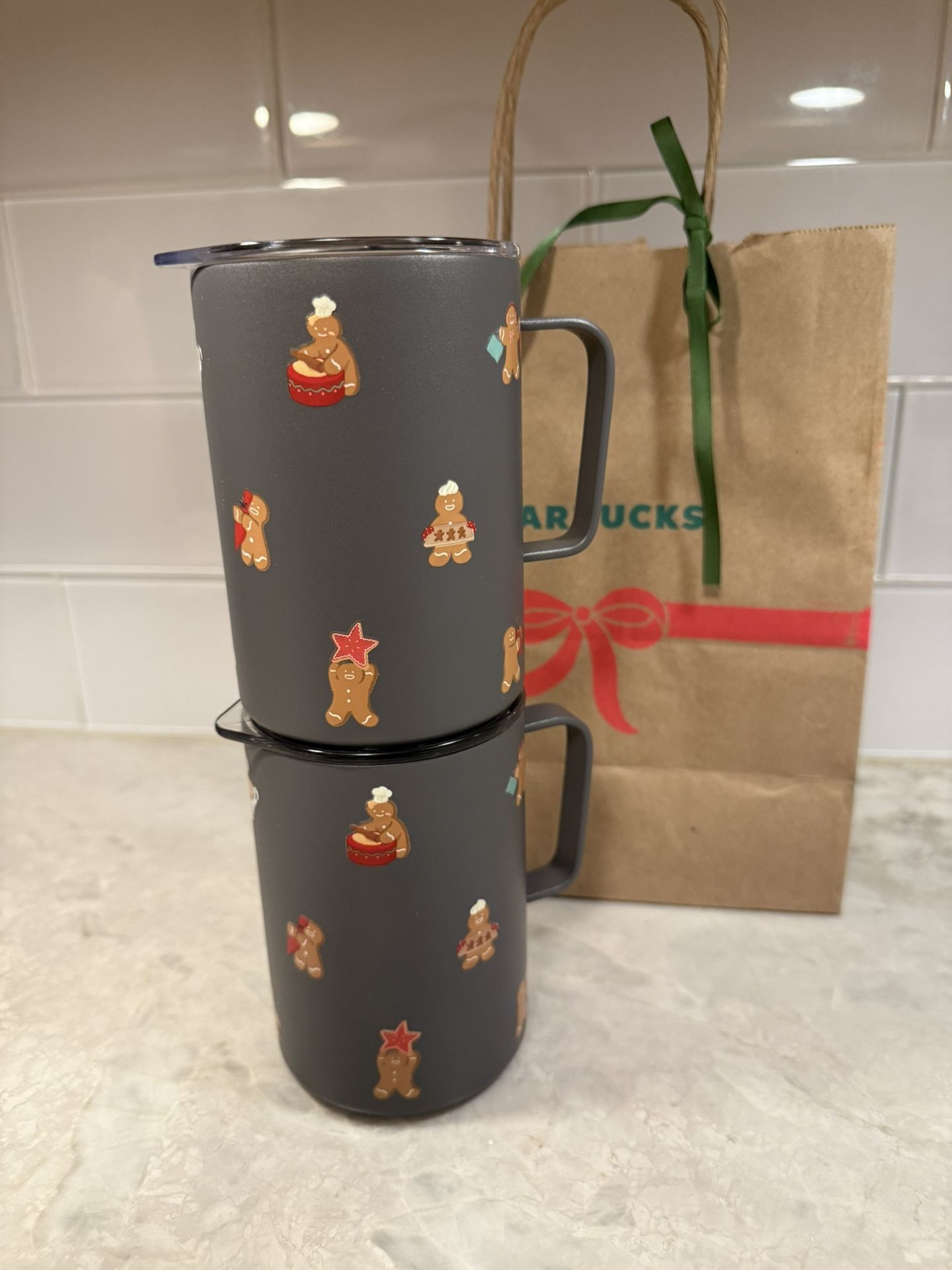 Starbucks SS Gingerbread Mug & Lid Set Of 2