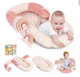 4 in 1 Tummy Time Mat & Seated Support Pillows with Educational Cards, Play Mat, Sitting Support for Newborn 0-12 Months, Infant Sit Up Floor Seat, Se