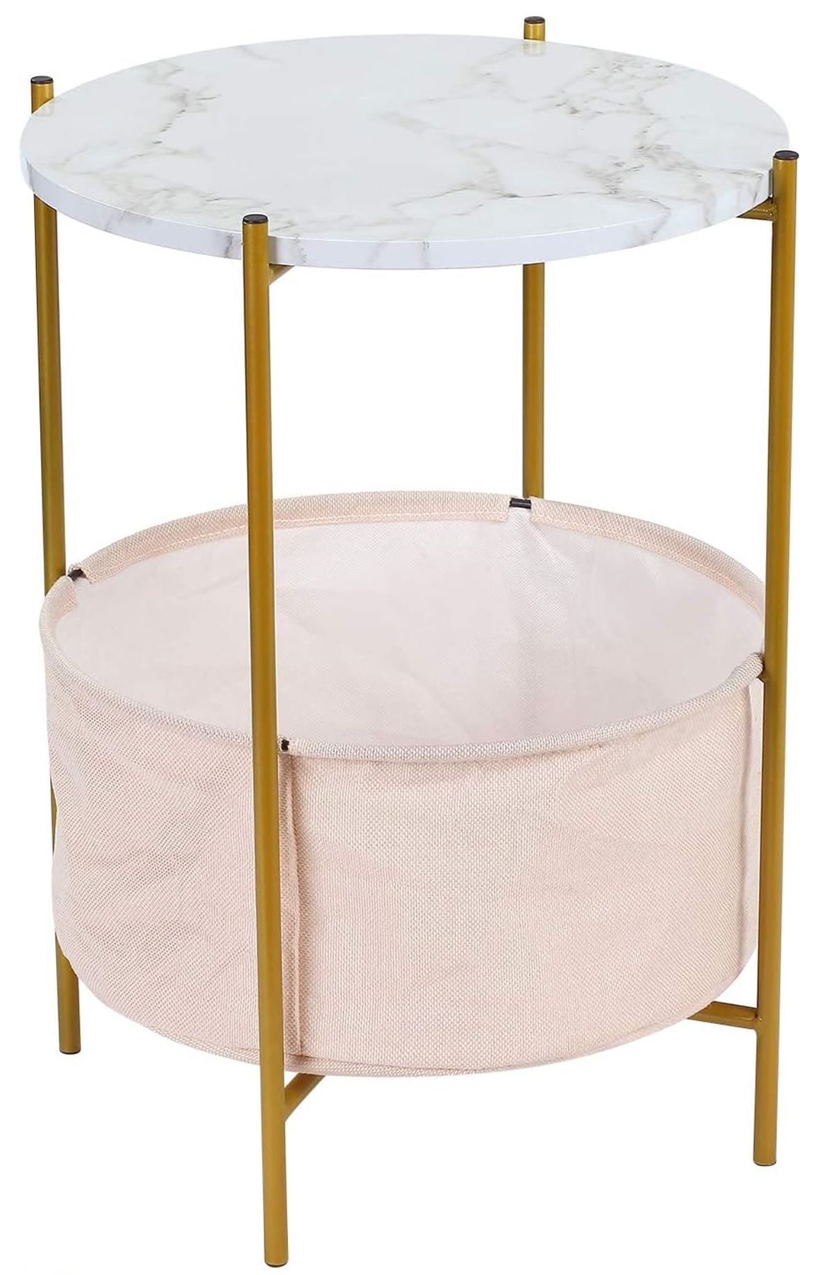 Round Storage Side Table, 2-Tier End Table with Fabric Basket Gold Metal Frame, 16'' Faux Marble Top Nightstand Bedside Tables for Nursery Kids Living