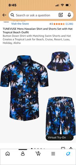 Tropical Print Button-Up Shirt , shorts and bucket hat.