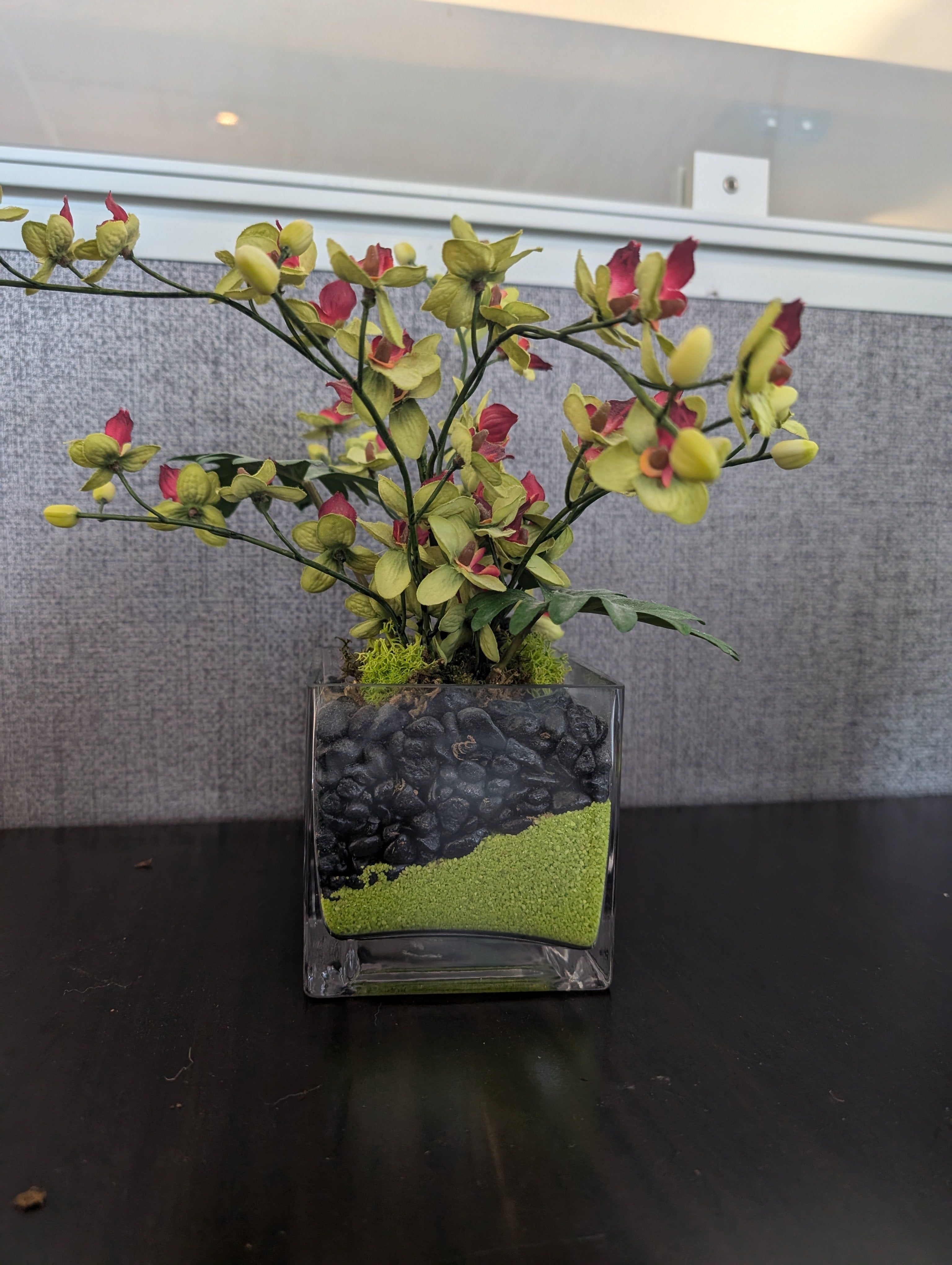 Vibrant Artificial Orchid Arrangement in Square Glass Vase