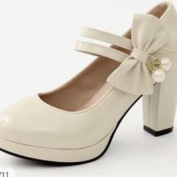 Womens Fashion 8.5CM High Heels Platform Bownot Pearl Lolita Princess Single Shoes Ankle Strap Maid Mary Jane Pumps Size 6.5 New 