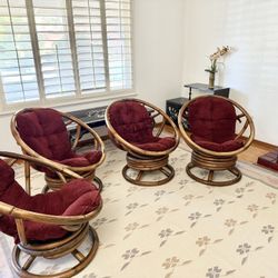 4 Vintage Rattan Papasan Swivel Chairs W/ Deep Red Cushions