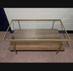 Nathan James Asher Gold Metal Frame Glass Top Modern Coffee Table with Wood Storage Shelf