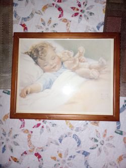 Rare Find 1950s Wood Framed Bessie Pease Gutmann Art Print Babby Boy Nursery Sweet Young Sleeping Child Bedroom Decor!!OBO!!
