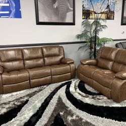 2PC Brown Genuine Leather Sofa & Loveseat 