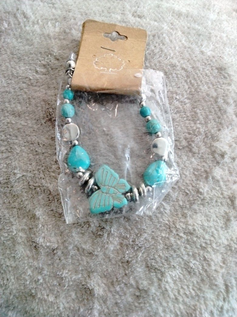 Hand Carved GORGEOUS Bracelet Silver Plated Beads And REAL Turquoise Beads Butterfly NEW