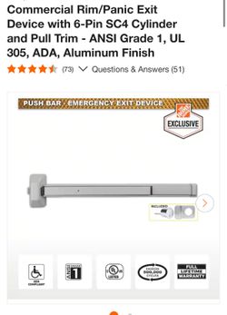 Commercial Rim/Panic Exit Device with 6-Pin SC4 Cylinder and Pull Trim - ANSI Grade 1, UL 305, ADA, Aluminum Finish