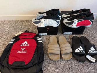 2 Pairs of Brand New Adidas AE2 Support Low top Basketball shoes Sz.13 (2) Slides, backpack