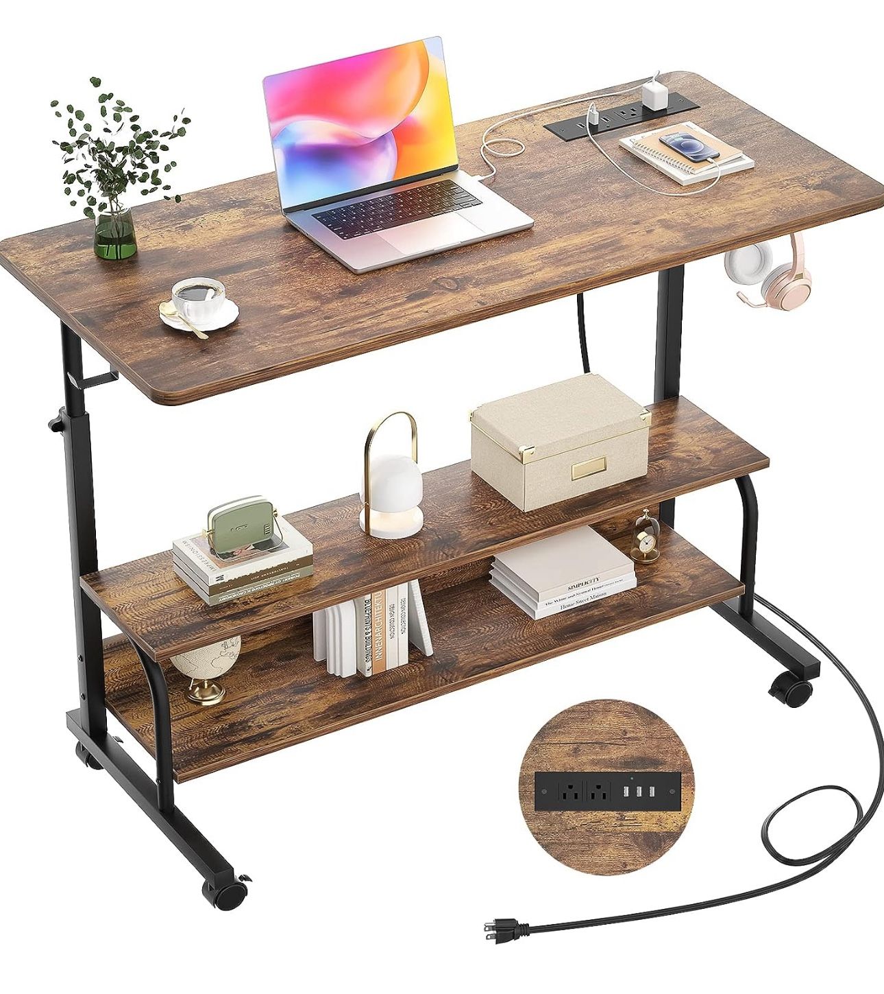 New Height Adjustable Standing Desk with Power Outlets, 39" Manual Stand Up Desk with Storage Shelves