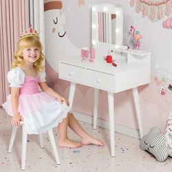 Girls Lighted Vanity Desk w/ Stool – Kids Makeup Table w/ Storage