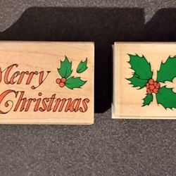 Merry Christmas Holly Holiday Lot Of 2 Wood Mounted Rubber Stamp Art Vintage Collectible A-1