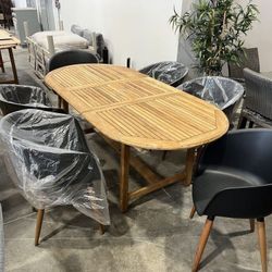 7PC Oval Extendable Patio Dining Set – FSC Teak Wood Table + Black Chairs | Open Box | Heavy Duty Commercial Grade | Modern Outdoor | Delivery Availab
