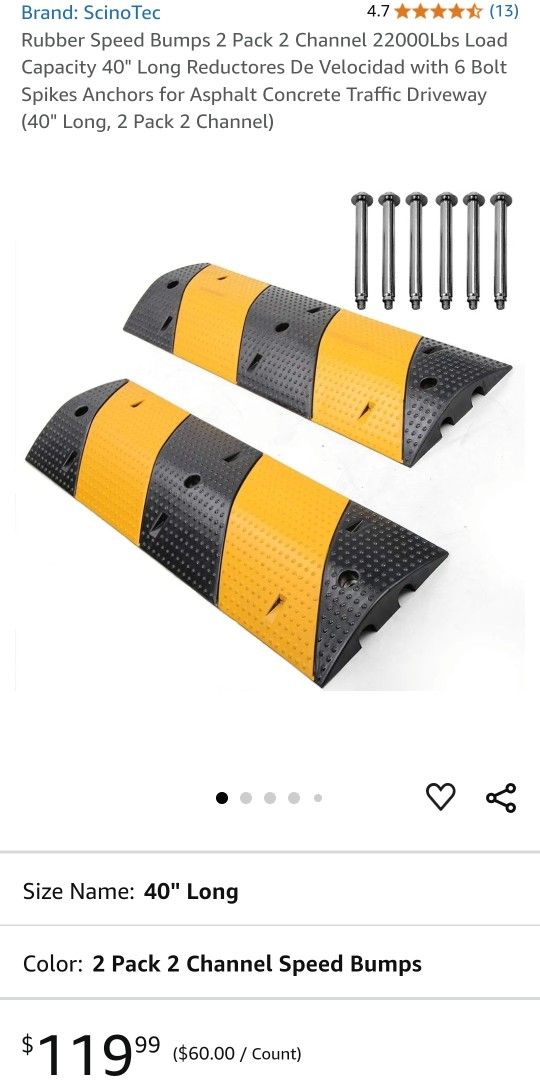 Rubber Speed Bumps 2 Pack 2 Channel 22000Lbs Load Capacity 40" Long Reductores De Velocidad with 6 Bolt Spikes Anchors for Asphalt Concrete Traffic Dr