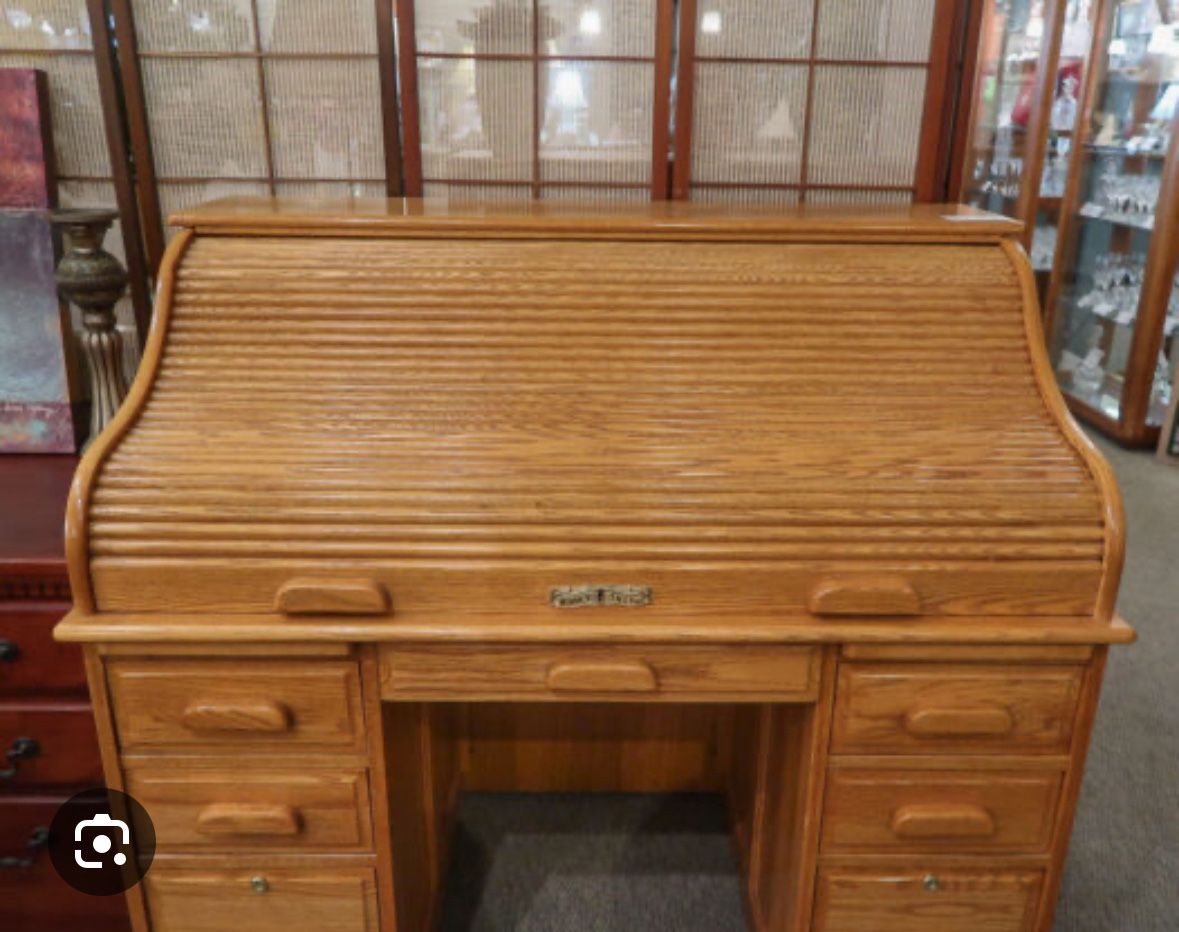 Oak Roll Top Secretary Desk with Drawers