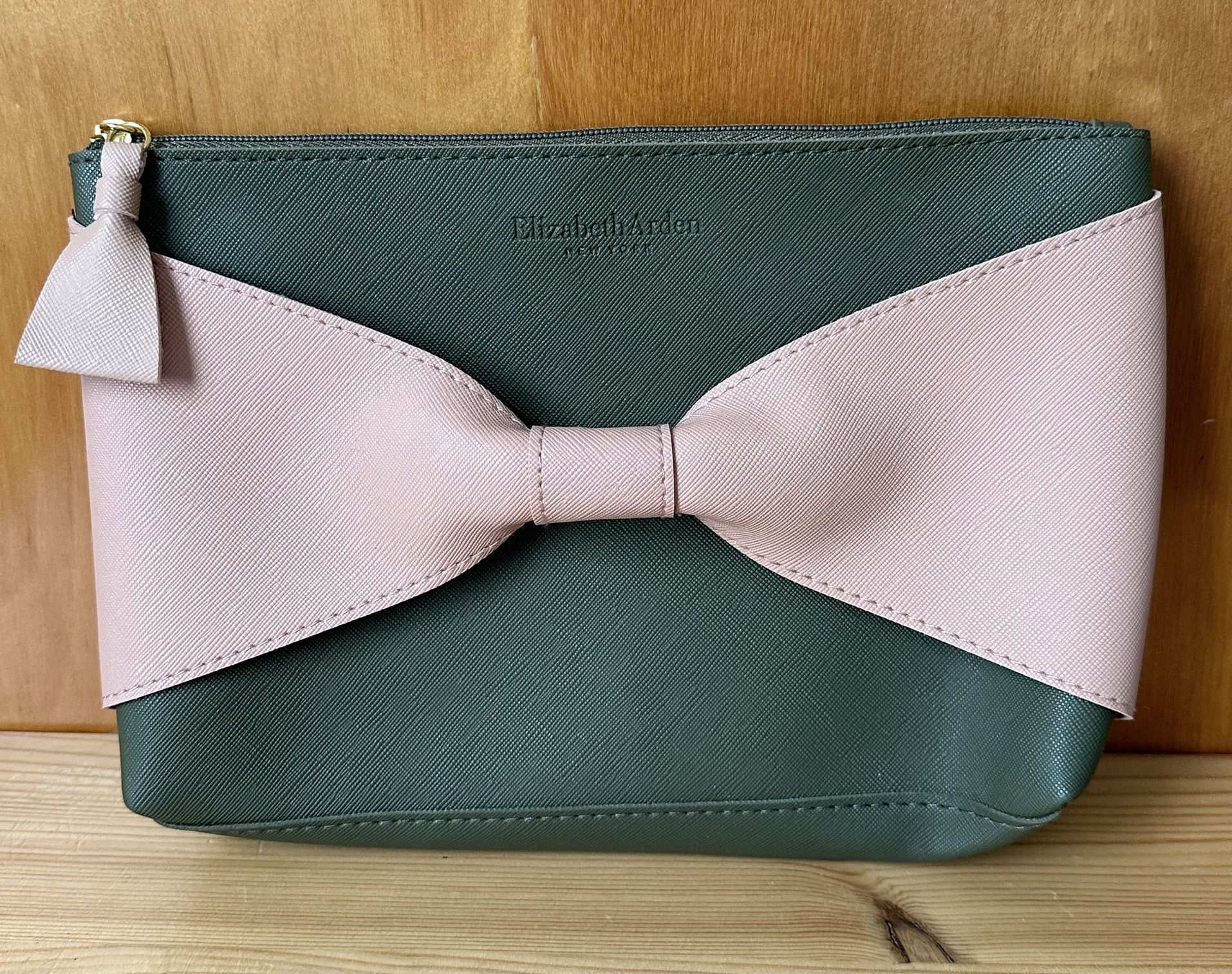 Elizabeth Arden NY Green/Pink Top Zip Rectangle Cosmetic Travel Makeup Bag Pouch