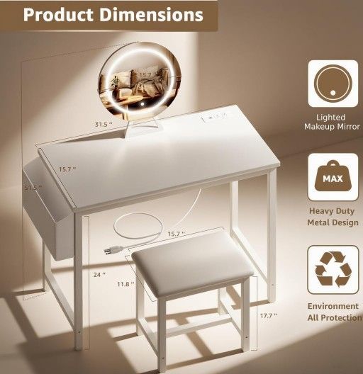 Small Vanity Desk with Mirror and Lights - Makeup Mini Girls Vanity Set Table with Chair, Power Outlet, White Compact Make Up Dressing Table for Kids 