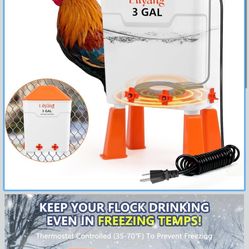 Lilyang Heated Chicken Waterer 3 Gallon, 250W Chicken Water Heater with Thermostat Control, Freeze-Proof Poultry Drinker for Winter, Hanging/Standing 
