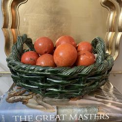 Vintage 13” W Glazed Green Woven Ceramic Decorative Handled Basket - Made in Portugal