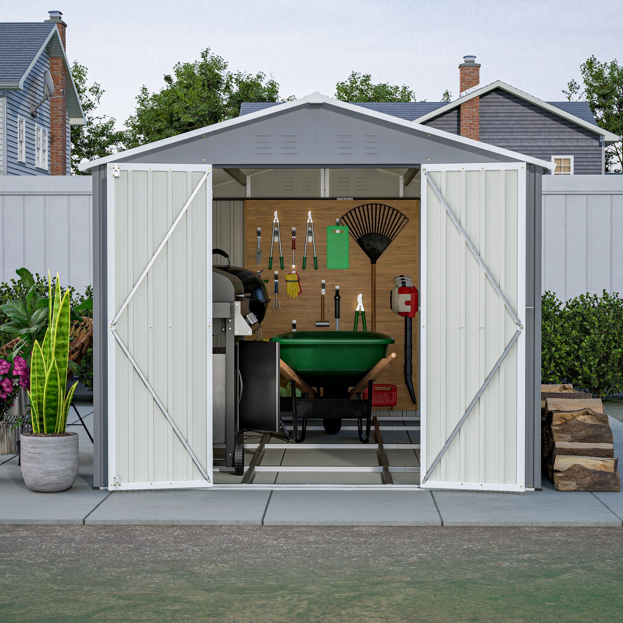8 x 12 FT Outdoor Storage Shed, Large Metal Tool Storage with Aluminium Frame and Lockable Doors, Storage for Backyard Garden Patio Lawn, Grey