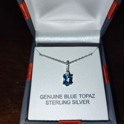 Genuine Swiss Blue Topaz Pendant On Sterling Silver Necklace 