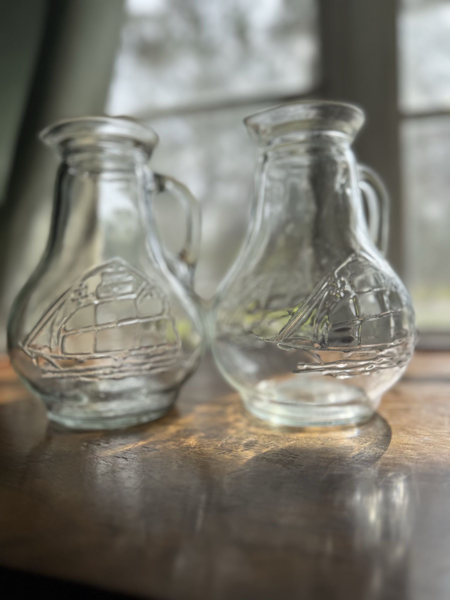 Set Of 2 Vintage Clipper Ship Embossed Sailboat Clear Glass Pitcher With Handle
