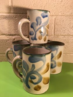 4 Stonewear Mugs - Handmade with Floral Swirl Design