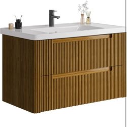 36” Modern Bathroom Vanity with Sink , Curved Floating Integrated Ceramic Sink Walnut, C-3