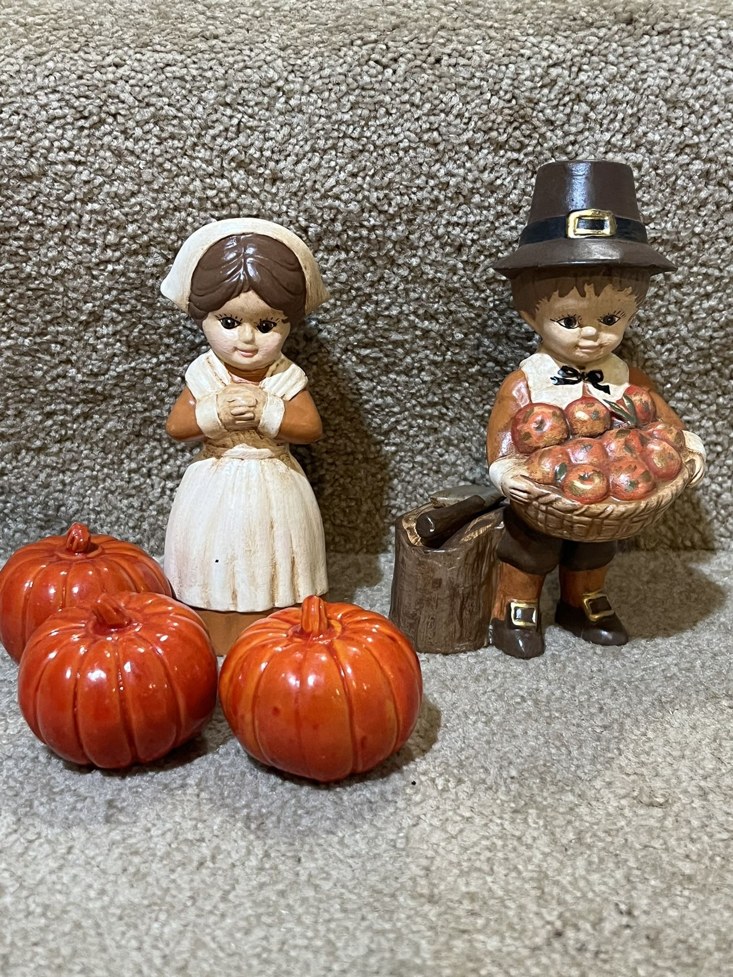 Vintage Ceramic Hand painted Thanksgiving 5” Pilgrims 3 resin pumpkins