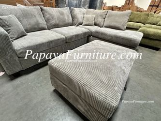 NEW Light Grey Plush Fabric Sectional Sofa STORAGE OTTOMAN Couch Chaise Set Modern Discount Furniture Warehouse Ashley Style Designer BIG SALE USB