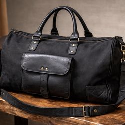 Vintage BIMFIT Canvas Leather Weekender Duffle Bag Travel Gym Black