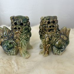 Pair of 2- Vintage Glazed Foo Dogs Lions Ceramic Statues Figures Miniature small Temple Dogs Protect