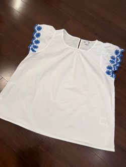 J.Crew White Blue Embroidered Short Sleeve Top M