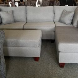 Brand New 104" x 75" Reversible Gray Linen Sectional + Ottoman