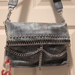 NEW PURSE, WITH TAGS: Never Used. Variations of Blue, with Bling, Including Shiny Metal Chains + Chrome Rivets. Great Fashion Statement/With Jeans!