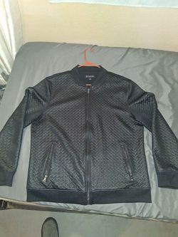 INC Black Textured Faux Leather Bomber Jacket