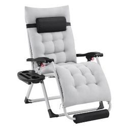 26in Zero Gravity Recliner with Padded Mattress for Autumn and Winter, Outdoor Folding Lounge Chair with Headrest Cupholder/ Footrest