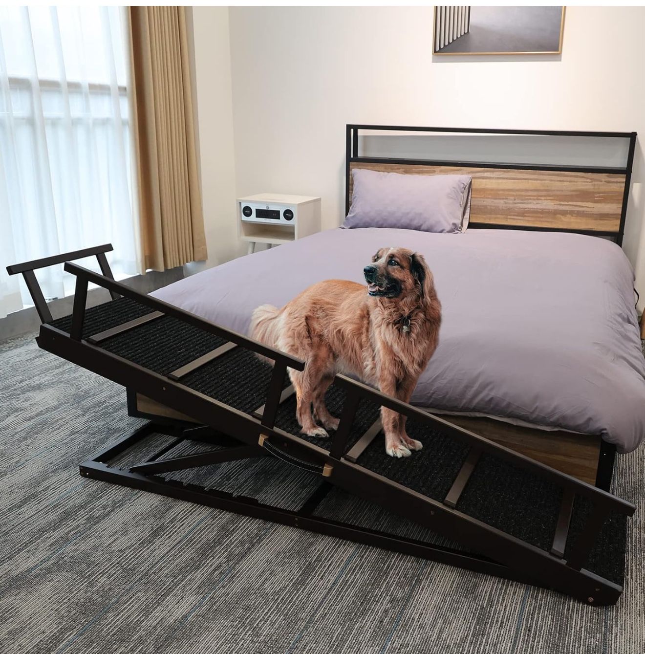 Pet Ramp Folding Portable Wooden Dog & Cat Ramp for Couch or Bed, Including Non Slip Mat & Safety Side Rails, 64.2 Inch Long and Height Adjustable fro