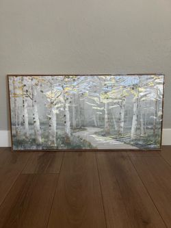 BRAND NEW 48x24 Wood Framed Textured Birch Trees w/ Gold Leaves Canvas Artwork