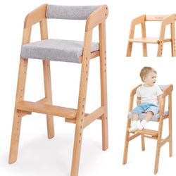 Wooden High Chair for Toddlers, Adjustable Feeding Chair with Removable Cushion for Child, High Chair Grows with Kid for Dining, Studying, Step Tool(N