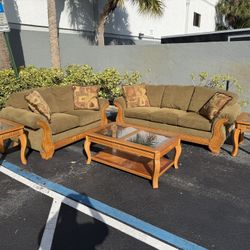 Beautiful Brown Tan Wood Living Room Sofa Couch Sectional Glass Middle Coffee Table Set Of Side End Tables Upholstery 