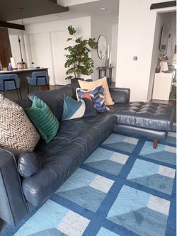 Blue Leather Mid Century Sectional Sofa Available