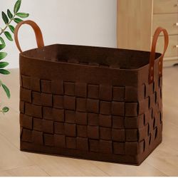 Large Rectangular Felt Fabric Blanket Basket Laundry Basket with Leather Handle - Brand New