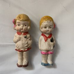 Vintage Bisque Figurines Pair Made in Japan 3.5” Hand-Painted Penny Dolls