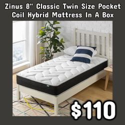 NEW Zinus 8" Twin Size Classic Pocket Coil Hybrid Mattress In A Box: njft