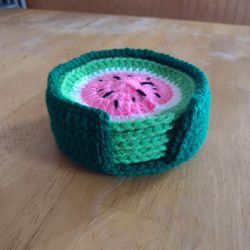 Handmade Crochet Watermelon Summer Fruit Coasters Set Of 6 With Holder 